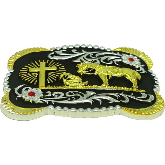 Women Flower Golden Religion Cross Kneeling Prayer And Horse Design Belt Buckles main image 4